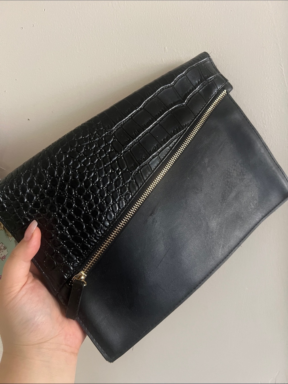 Black Croc-Texture Foldover Clutch with Gold Zip